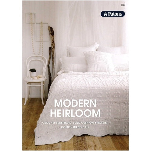 0026 Modern Heirloom, Crochet Bedspread, Euro Cushion & Bolster in Cotton Blend 8 Ply.